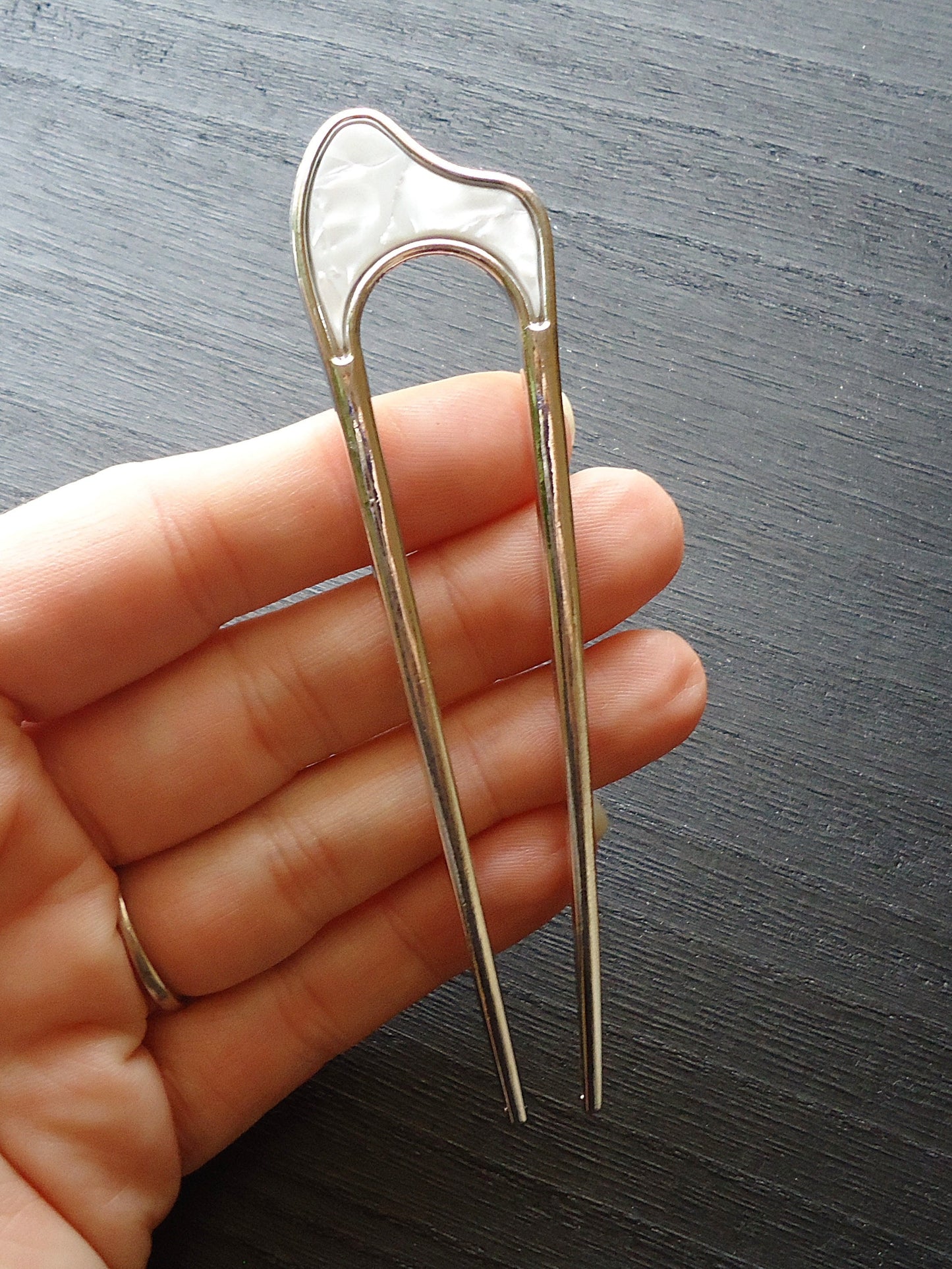 Mother of Pearl Double Hair Stick, Hair Fork, Silver or Gold Plated Metal Alloy, 4.25" Long