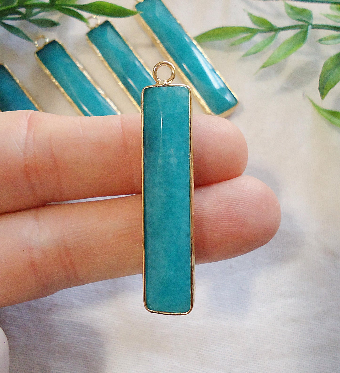 Amazonite Pendants, Bar Rectangles with Golden Brass Bezels, 1-5/8" Long