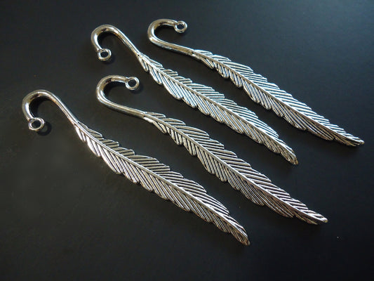 Metal Feather Bookmarks - 3" Long - Antique Silver, Set of 4