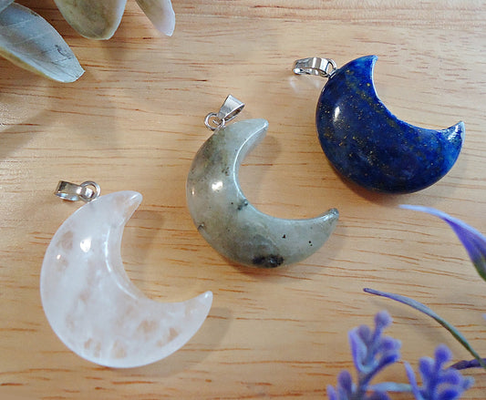 Stone Crescent Moon Pendants, Quartz, Labradorite, Lapis Lazuli, Unakite, Tiger Eye, 1 inch Tall