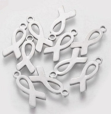Small Awareness Ribbon Charms, Stainless Steel, 14mm x 6mm, Set of 10, Cancer Awareness Ribbon