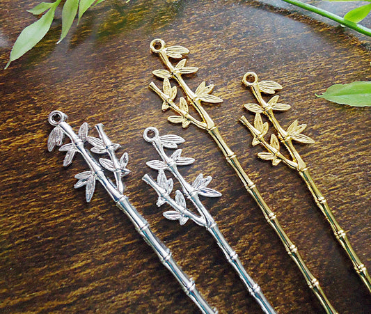 Bamboo Stem and Leaves Metal Hair Stick Blanks, 5.5 Inches Long, Bright Silver or Gold, Loop on Top for adding embellishments