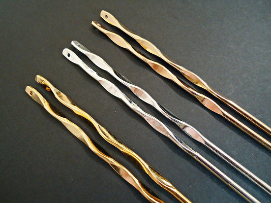 Twisted Metal Hair Stick Blanks, 6.25 Inches Long, Bright Silver, Gold, Gunmetal, Top Drilled for embellishing