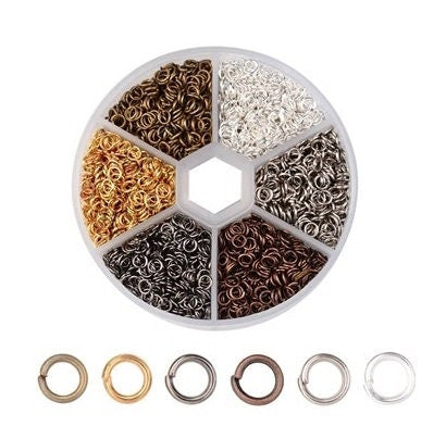 Jump Rings, 5mm, Mixed Colors w/Round Storage Box, Silver, Gold, Bronze, Steel, Copper, Gunmetal, 2300 Total Rings