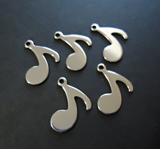 Small Stainless Steel Eighth Note Music Charms, 17mm Tall, Set of 10