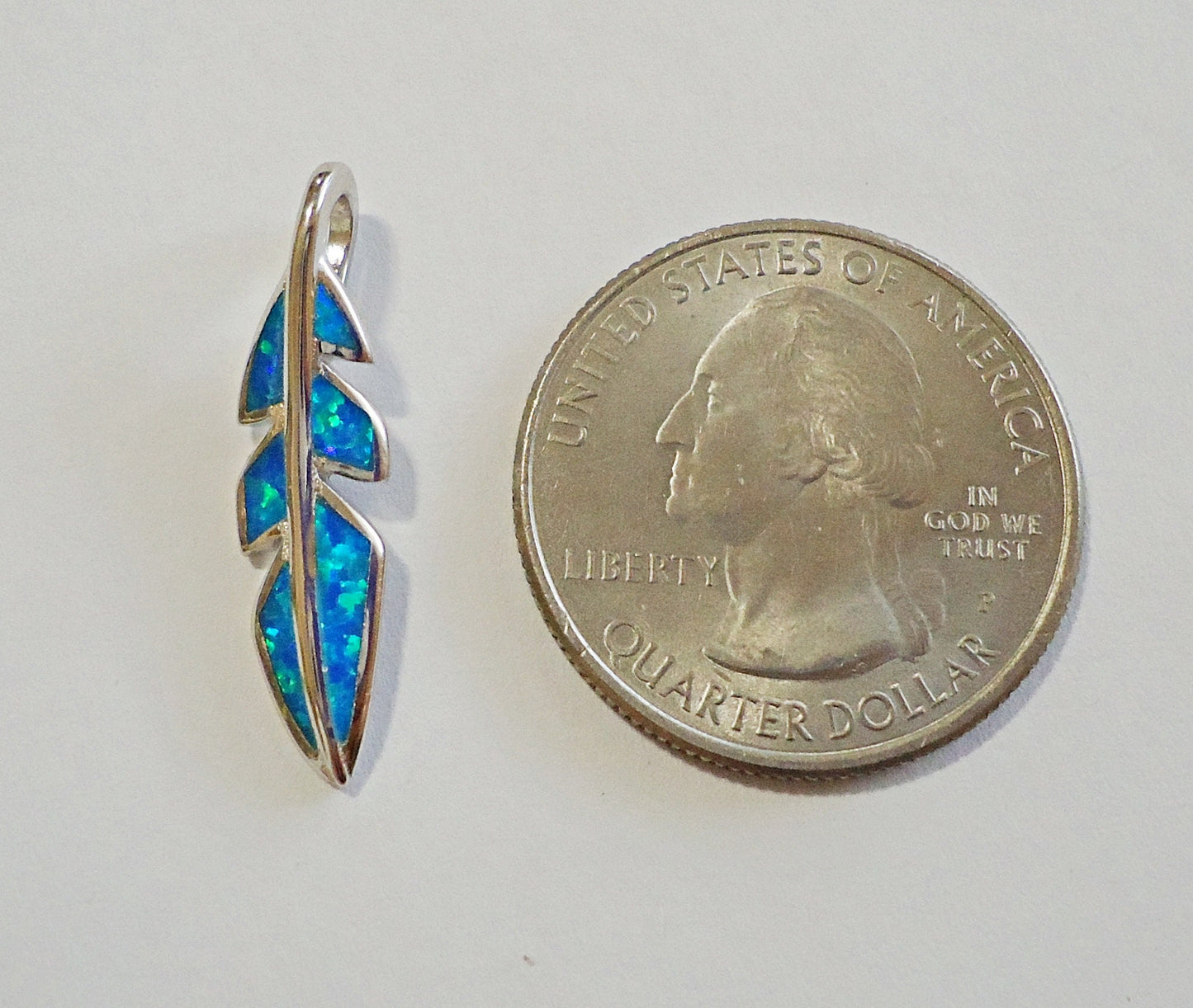 Sterling Silver Feather with Blue Opal, Pendant, 1" Long, Integrated Bail
