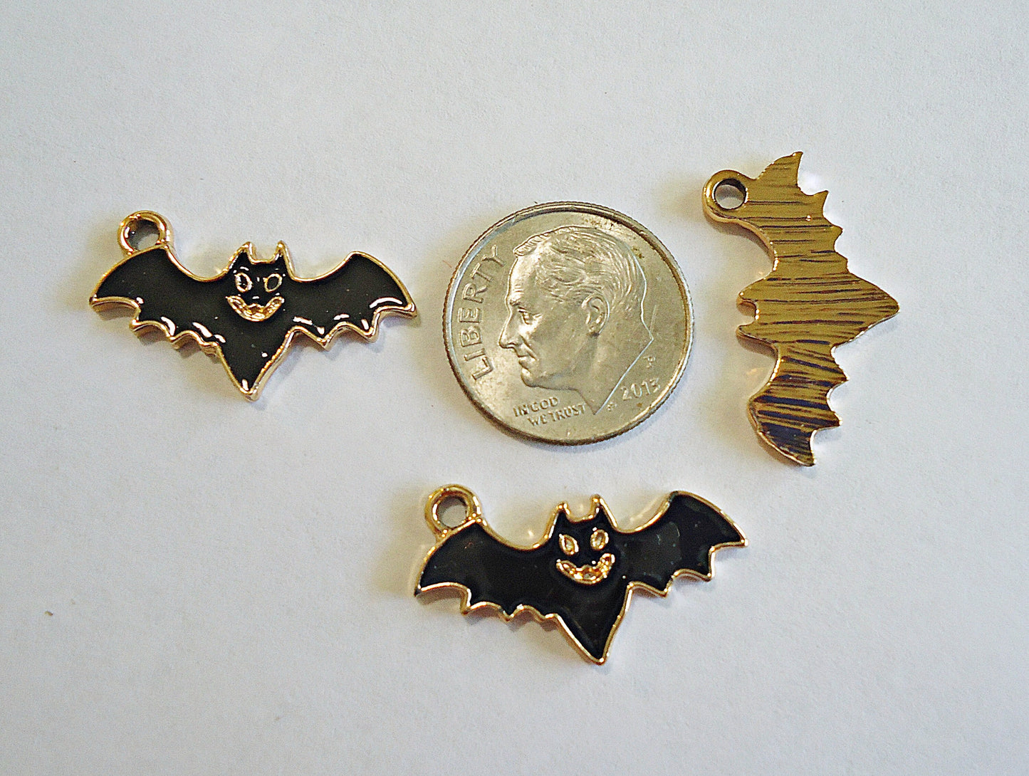 Small Black Bat Charms, Black Enamel and Gold Plating, Set of 10