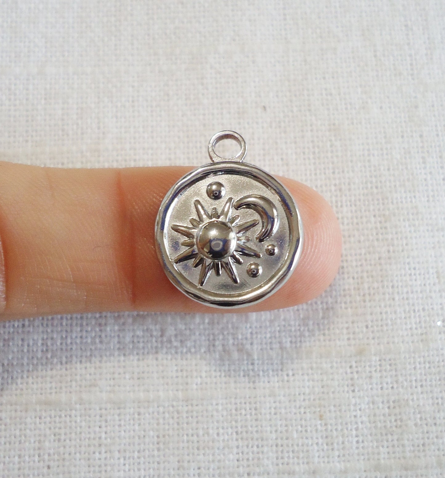 Sun and Moon Pendant Charm, Stainless Steel, 5/8" Wide