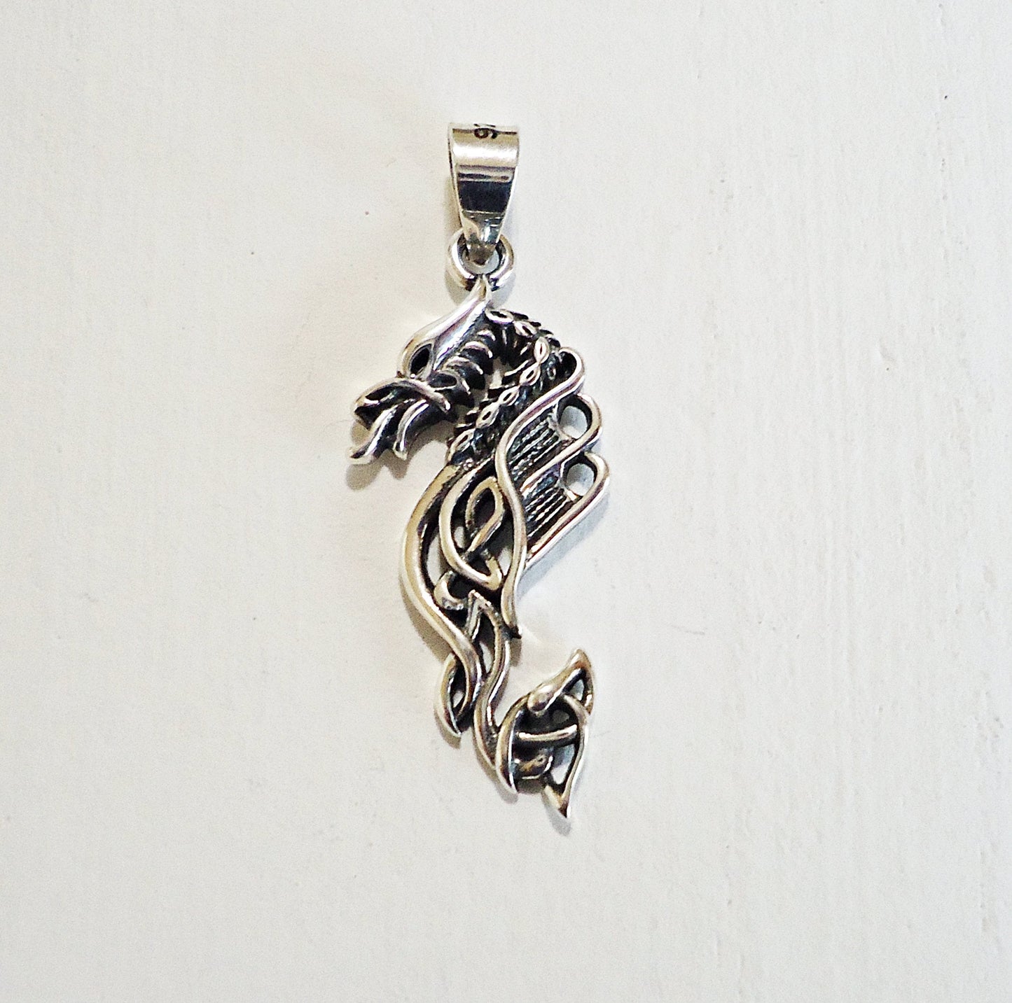 Sterling Silver Celtic Dragon Pendant, 1 inch Tall, with Soldered Bail
