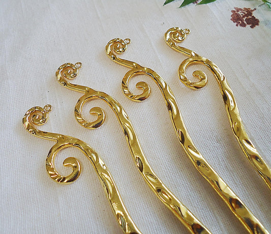 Hammered Metal Hair Sticks with Large Swirls and Loop - Gold - 7" Long
