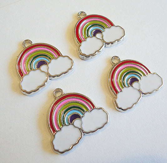 Rainbow and Clouds Pendant Charms, Enameled, Silver, 15mm Tall x 19mm Wide, Set of 10