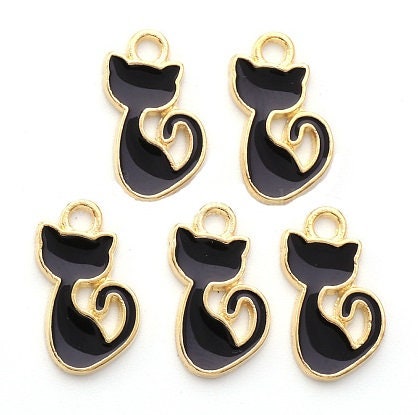 Small Black Cat Charms, Black Enamel and Gold Plating, 15mm, Set of 10