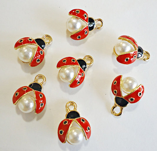Ladybug Charms, Open Wings with White Pearl, Enameled, Gold, Red, Black, White, Set of 10