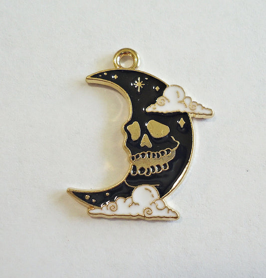 Skeleton in the Moon Pendants, Enameled, Black and Gold, 1" Tall, Halloween Charms