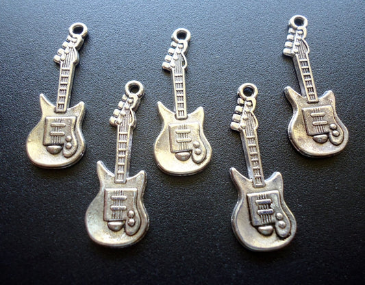 Guitar Pendants / Charms - Antique Silver - 30mm x 11mm