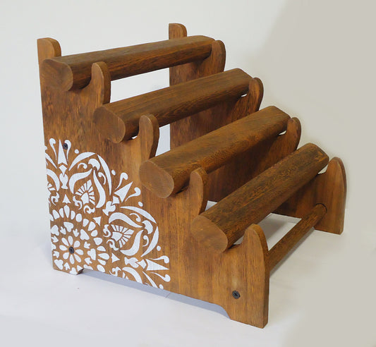 4 Tier Wooden Bracelet Display / Organizer, Brown & Weathered Brown, Removable Oval Bars, Plain or Hand-Painted Mandala, 11" High x 11" Wide