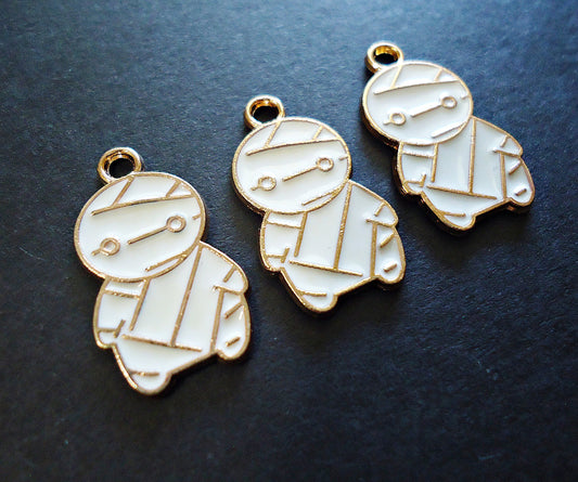 Halloween Mummy Charms, Gold and Enameled White, One inch Tall, Set of 10