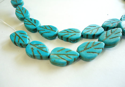 Turquoise Stone Leaves, 15.75" Strand, 30 Pieces, Synthetic Turquoise, 14mm x9mm x4mm