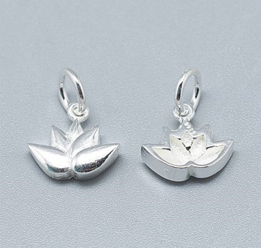 Small Sterling Silver Lotus Charms, 10mm Wide, on Soldered Jump Ring
