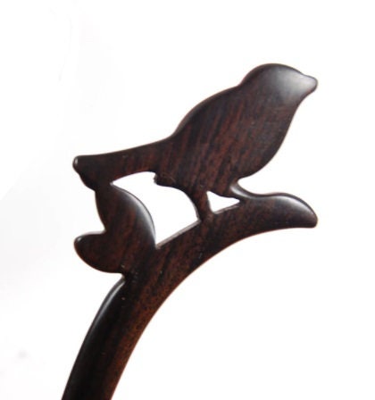 Wooden Bird Hair Stick, Dark Brown, 7" long