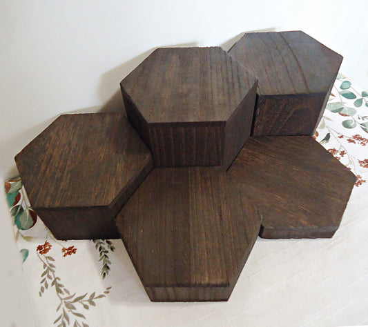 Hexagon Risers, Set of 5, Dark Brown Wood, 5.25" Wide, 1" - 4" Heights, Jewelry, Coffee Mug, Candle, Figurine, Small Item Display
