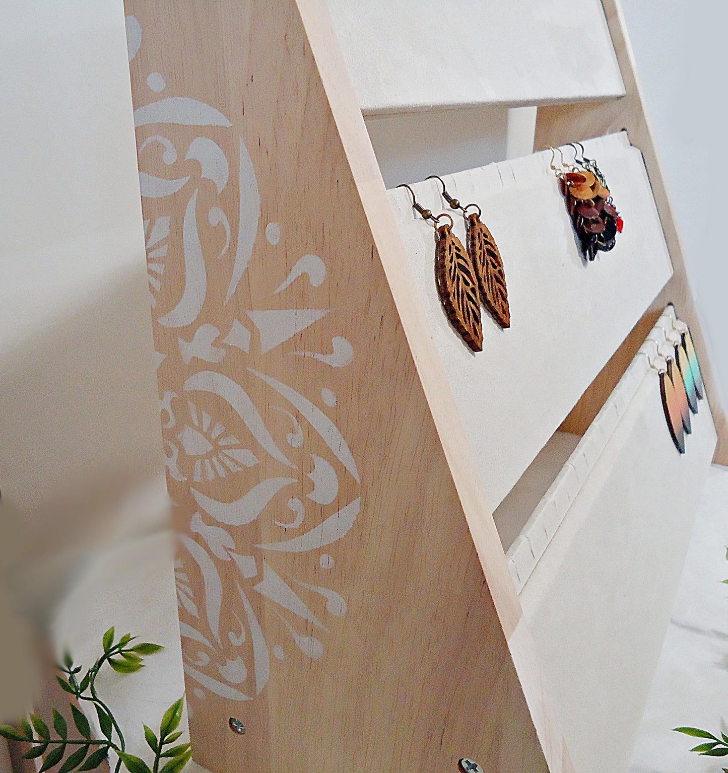 Large Necklace / Earring Display, 15.75" Wide x 14.5" Tall, Bamboo Wood and White Painted Mandala