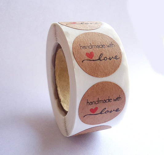 Bulk Stickers, 'handmade with love', Dark Kraft Brown, 1 inch Wide, Packaging, Labels