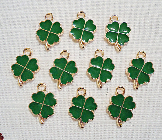 Four Leaf Clover Charms, Green Enameled and Light Gold, 1/2" Wide, Set of 10