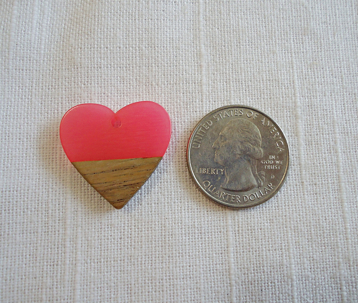 Heart Pendants, Resin and Wood, Bright Pink and Walnut, 1" Wide