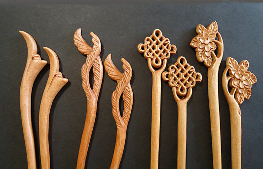 Seven Inch Sturdy Wooden Hair Sticks, Carved, Leaves, Flowers, Celtic Knots, Calla Lilies, Light Color Wood