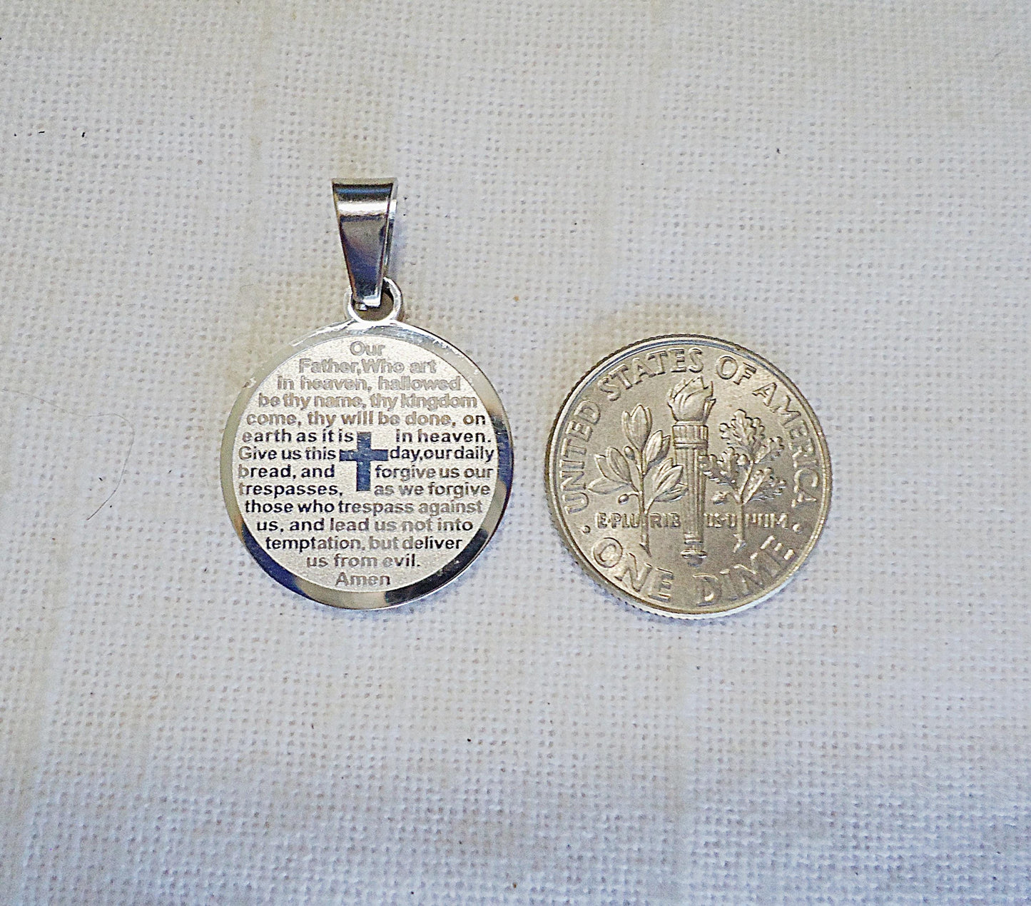 Lords Prayer Pendant, Stainless Steel, Round Silver Pendant, 3/4" Wide