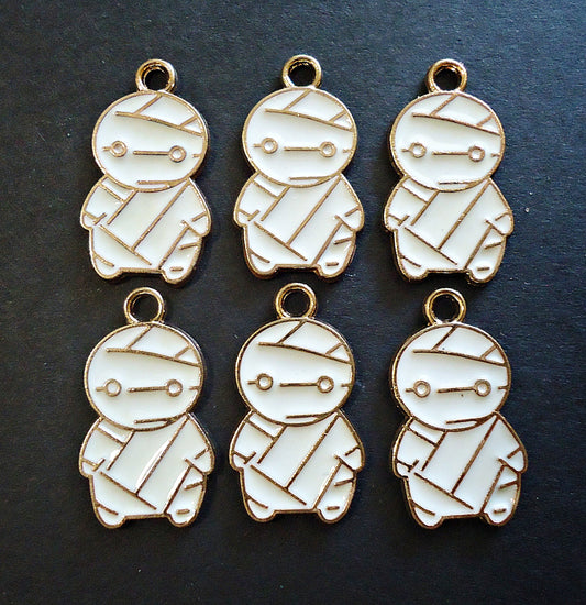 Halloween Mummy Charms, Gold and Enameled White, One inch Tall, Set of 10