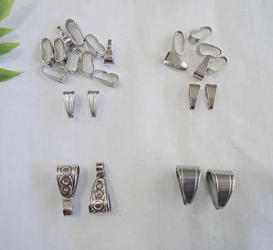 24 Stainless Steel Bails, Mixed Sizes and Styles, Snap on Bails