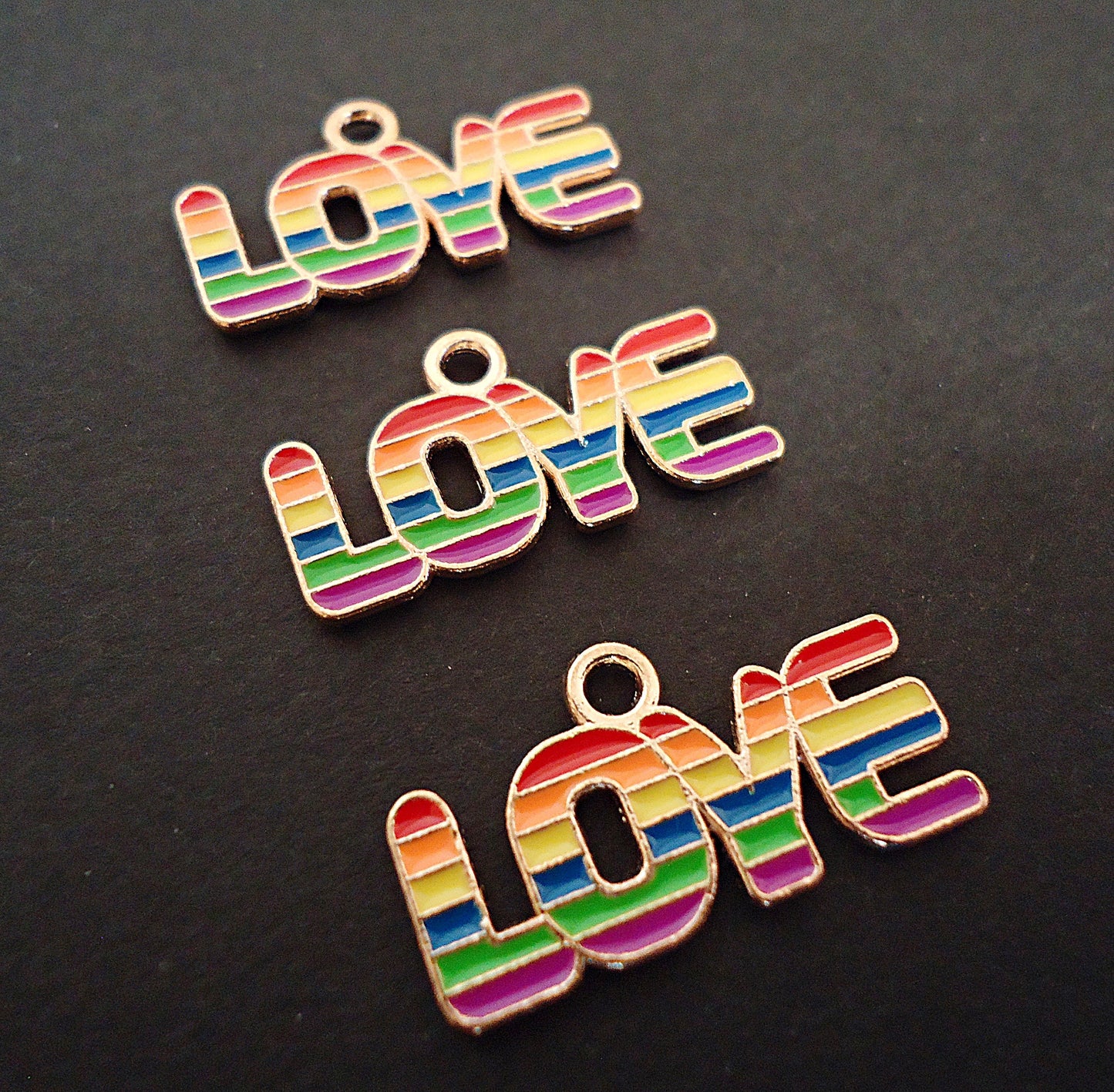 Rainbow L-O-V-E Charms, Enameled, Colorful, Gold, Love, Pride, Set of 10