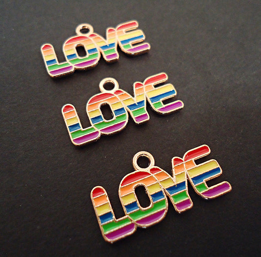 Rainbow L-O-V-E Charms, Enameled, Colorful, Gold, Love, Pride, Set of 10