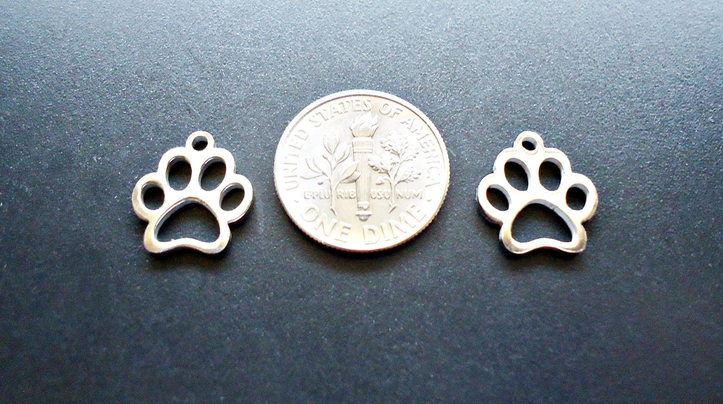 Small Stainless Steel Animal Paw Charms - 13mm x 12mm - Set of 10