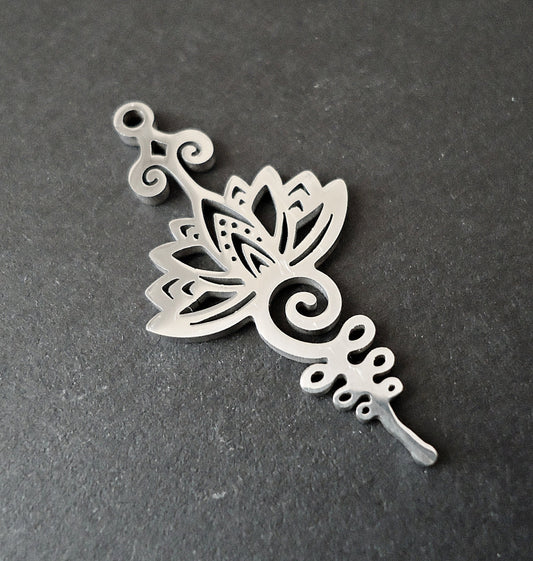 Stainless Steel Pendant, Focal Component, Long Lotus Flower, Boho, 1 3/8" Long, Silver, Hypoallergenic, Non-Tarnishing, Unalome