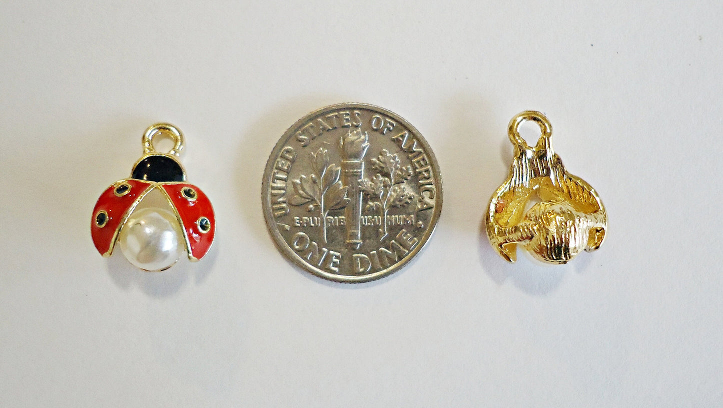 Ladybug Charms, Open Wings with White Pearl, Enameled, Gold, Red, Black, White, Set of 10