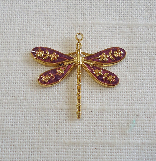 Enameled Dragonfly Pendant, Purple and Gold, Stainless Steel, 1"