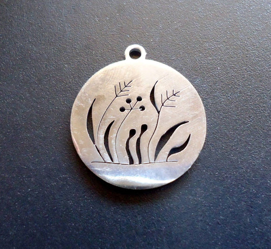 Stainless Steel Grass and Wild Flower Field Charm Pendant - Laser-cut - 18mm wide