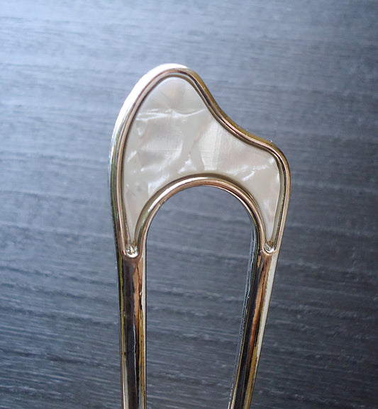 Mother of Pearl Double Hair Stick, Hair Fork, Silver or Gold Plated Metal Alloy, 4.25" Long