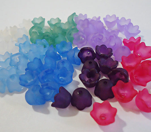Frosted Acrylic Flower Bead Caps, 10x6mm, Sea Foam Green, Blue, Purple, Magenta Pink, White, Brown, Lily of the Valley, Tulip, Set of 50