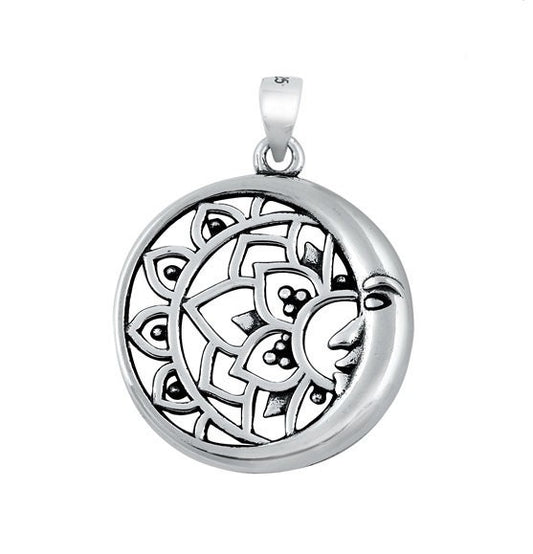 Sterling Silver Mandala Crescent Moon Pendant, Bali Style, 22mm Round, Soldered Bail
