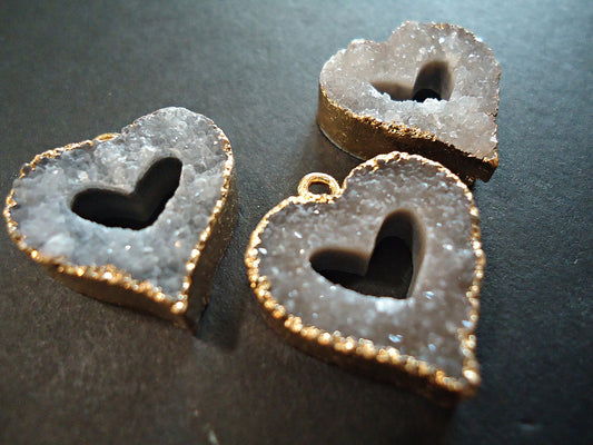 Natural Druzy Heart Pendant, Gold Trim, Cut Stone, Gray