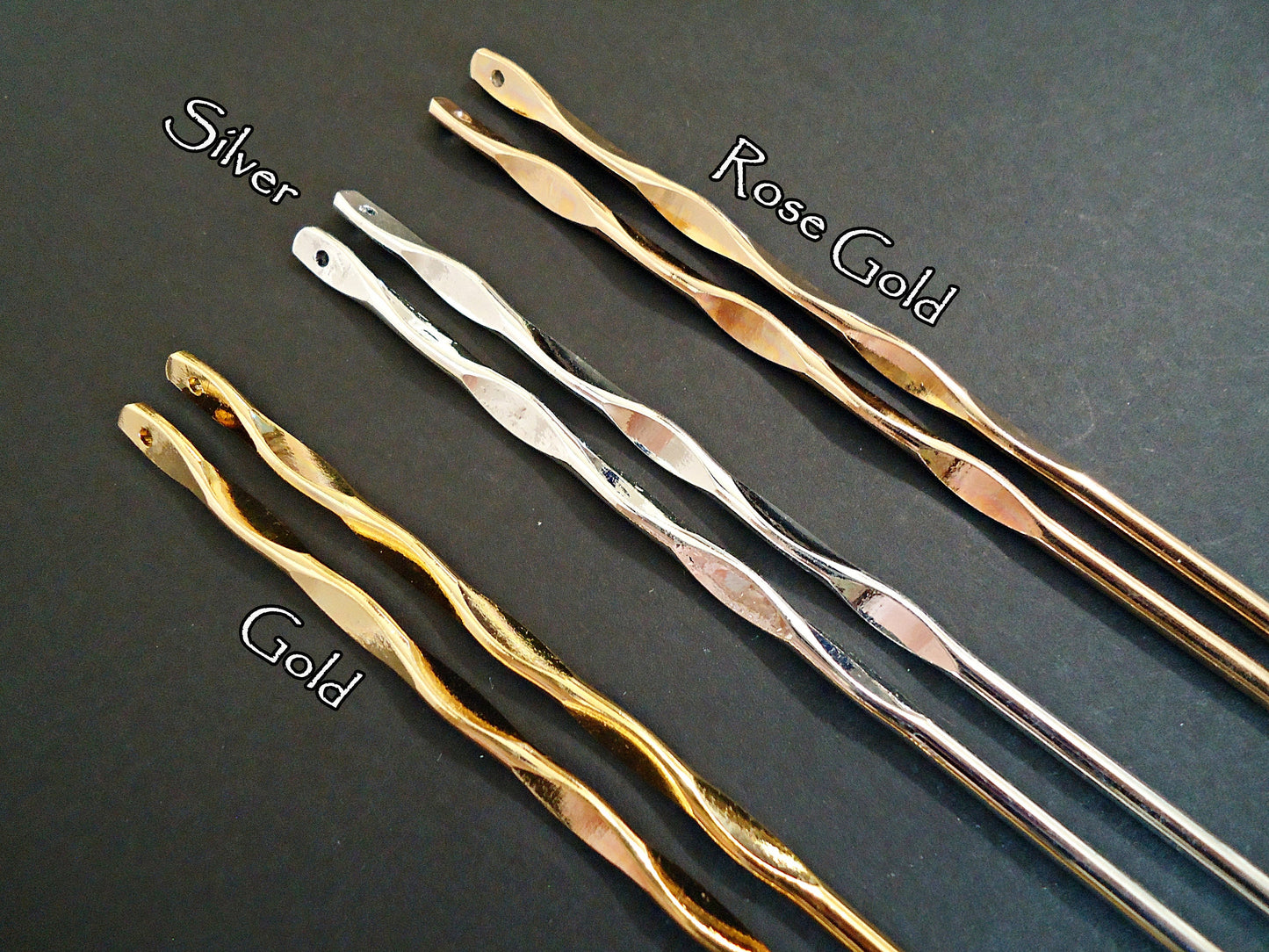 Twisted Metal Hair Stick Blanks, 6.25 Inches Long, Bright Silver, Gold, Gunmetal, Top Drilled for embellishing