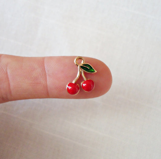 Small Red Cherry Charms, Red Enameled and Light Gold, 1/2" Tall, Set of 10
