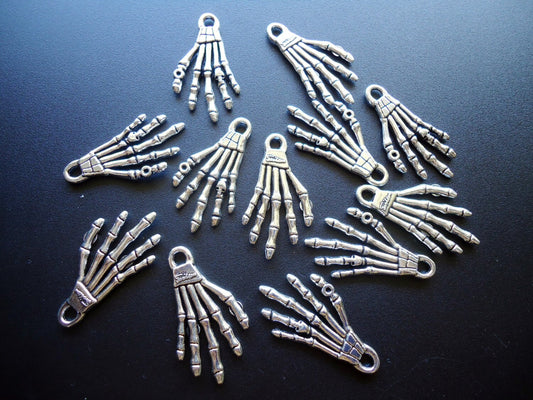Skeleton Hand Pendants / Charms - Antique Silver - Set of 10 - Halloween Accessory