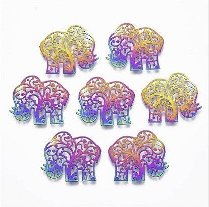 Stainless Steel Elephants with Multi-color Finish, Set of 10