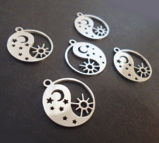 Stainless Steel Yin Yang Charm Pendant - Sun and Moon, Night and Day, Laser-cut - 15mm wide