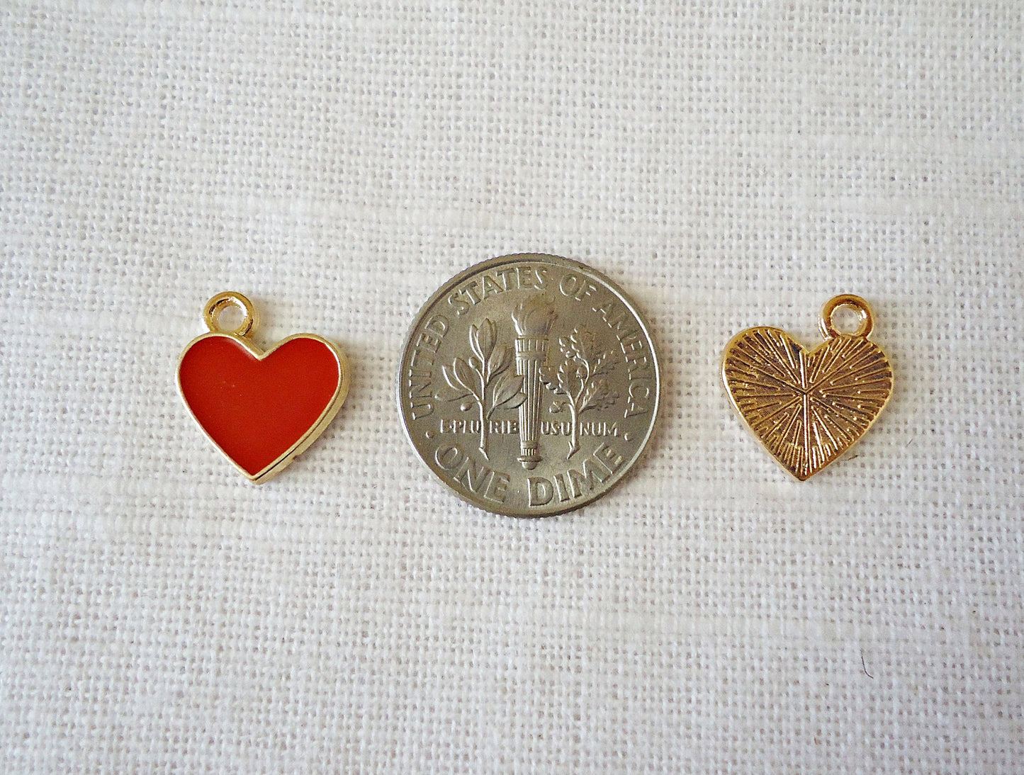 Small Red Heart Charms, Red Enameled and Light Gold, 1/2" Wide, Set of 10